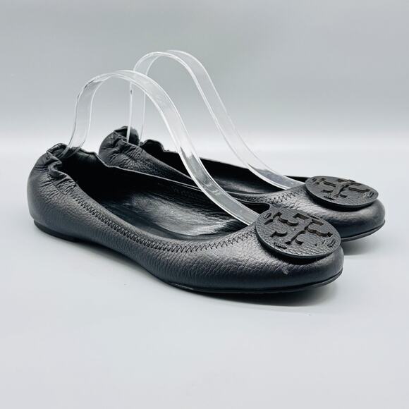 Tory Burch Shoes Women 10 Black Leather Minnie Travel Ballet Flats Slip On Logo - Picture 2 of 12
